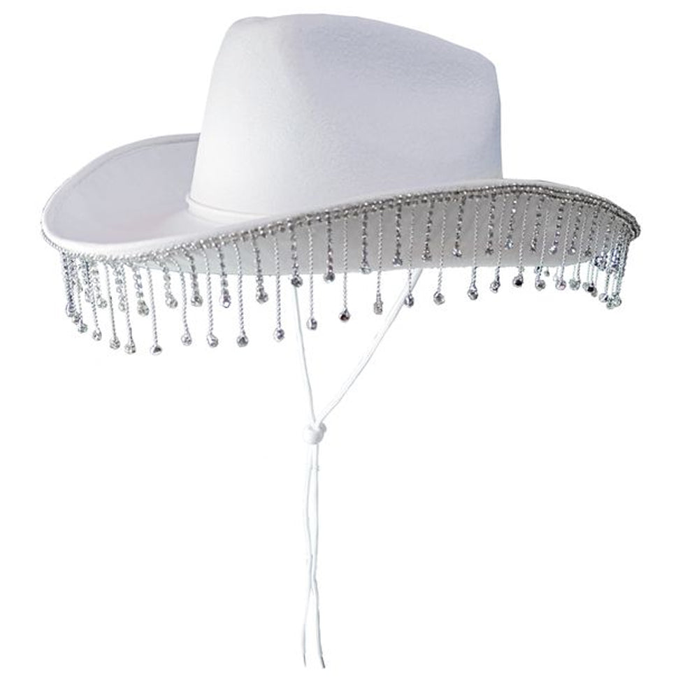 White Cowboy Hat with Diamante Fringe