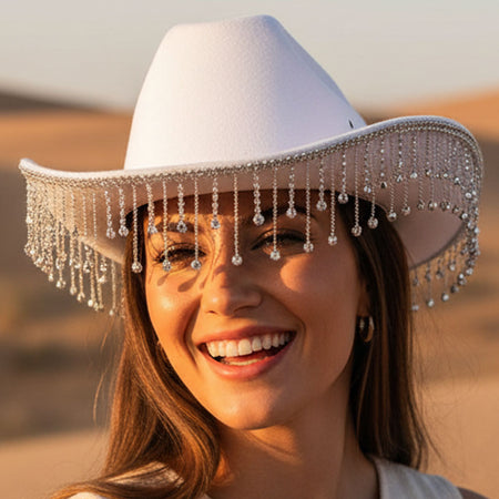 White Cowboy Hat with Diamante Fringe