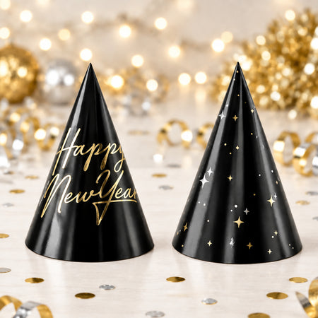 Happy New Year Black Cone Hats - Pack of 6