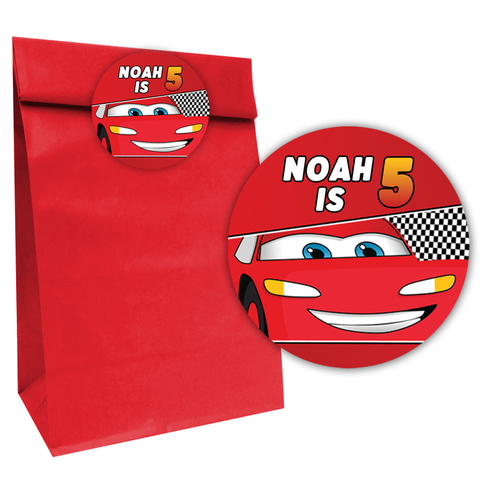 Lightning Cars Paper Party Bags with Personalised Round Stickers - Pack of 12