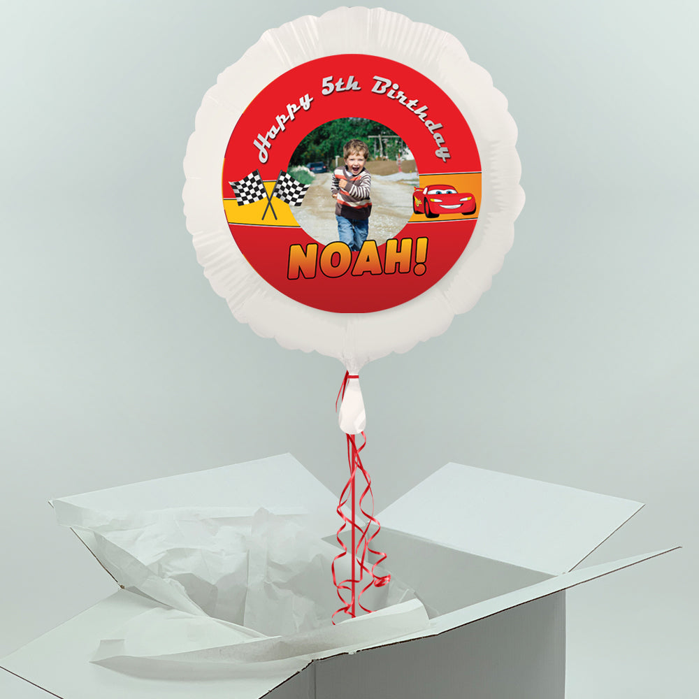Lightning Cars Inflated Personalised Photo Balloon in a Box – Party Packs