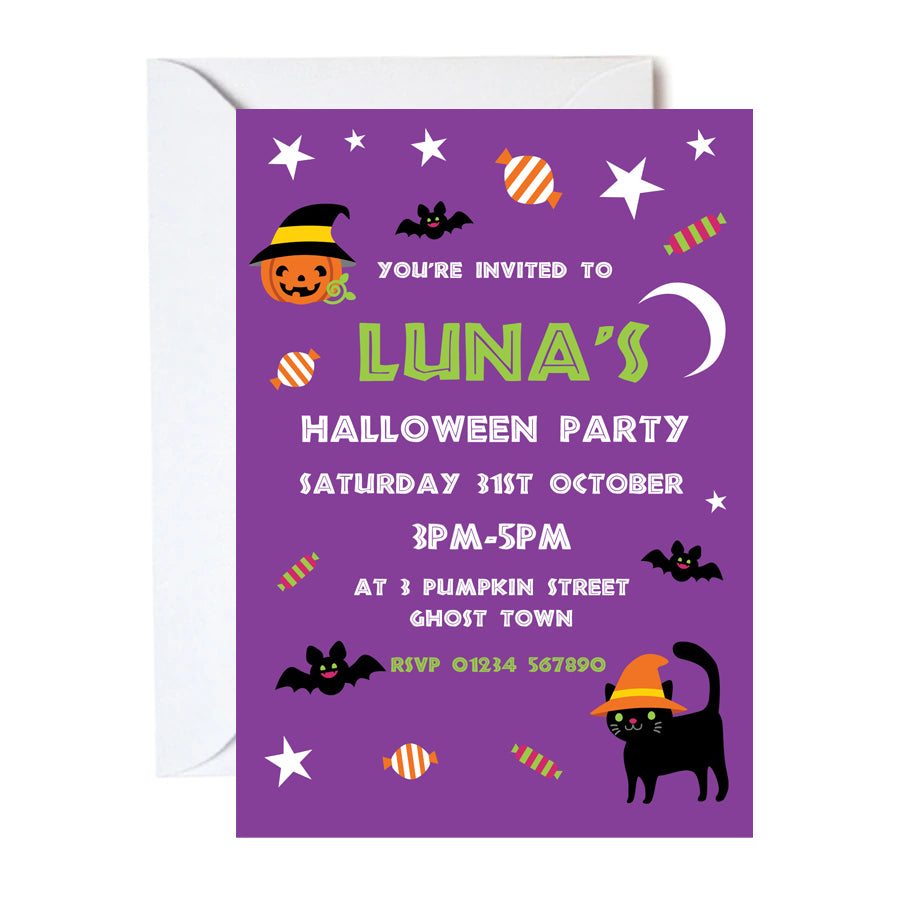 Halloween Cat & Pumpkin Personalised Invites - Pack of 16