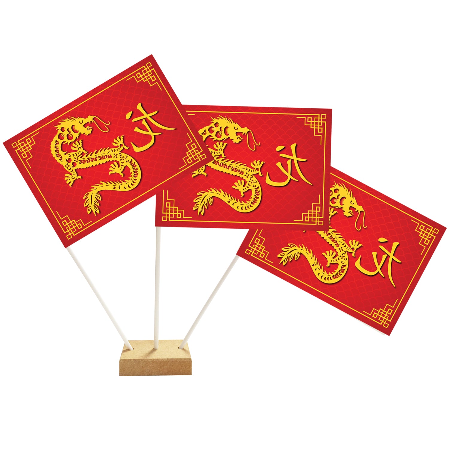 Chinese New Year of the Dragon 2024 Paper Table Flags 15cm on 30cm Pole