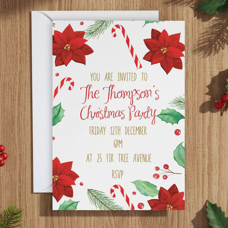 Christmas Holly & Poinsettia Personalised Invitations - Pack of 16