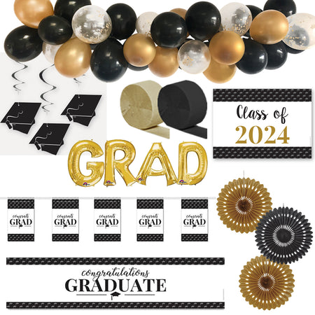 Black and Gold Graduation Party Decoration Pack - Class of 2024