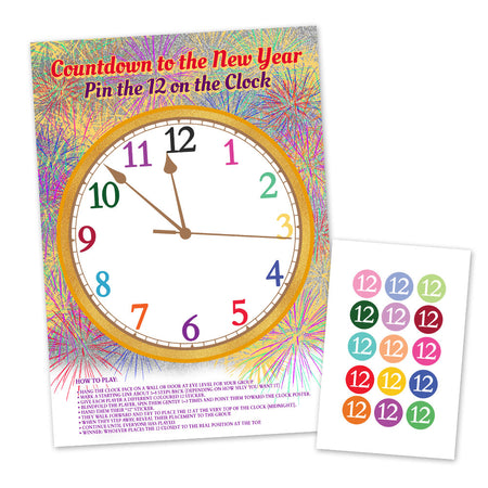 Pin the 12 on the Clock Countdown to the New Year Game with Stickers - A3