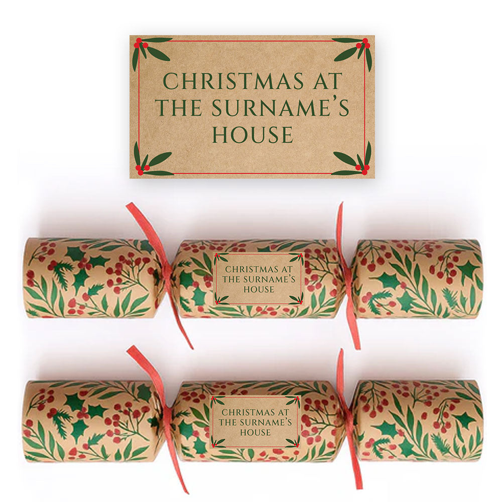 Personalised Kraft Holly Christmas Cracker Stickers - Sheet of 21