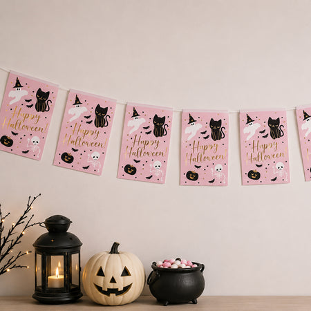 Pink Halloween 'Happy Halloween' Paper Flag Bunting Decoration - 2.4m