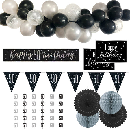 50th Birthday Black & Silver Glitz Decoration Pack