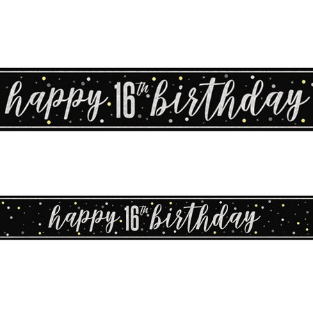 Birthday Glitz Black & Silver Happy 16th Birthday Foil Banner - 2.7m