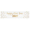 A rectangular white banner with gold foil lettering that reads 'Happy New Year 2027' and small gold star accents on both sides, shown on a plain white background.
