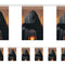 A repeating pattern of vertical rectangular panels showing a hooded figure in black standing in front of a warm-toned interior backdrop with flames and a lantern, separated by white gaps.