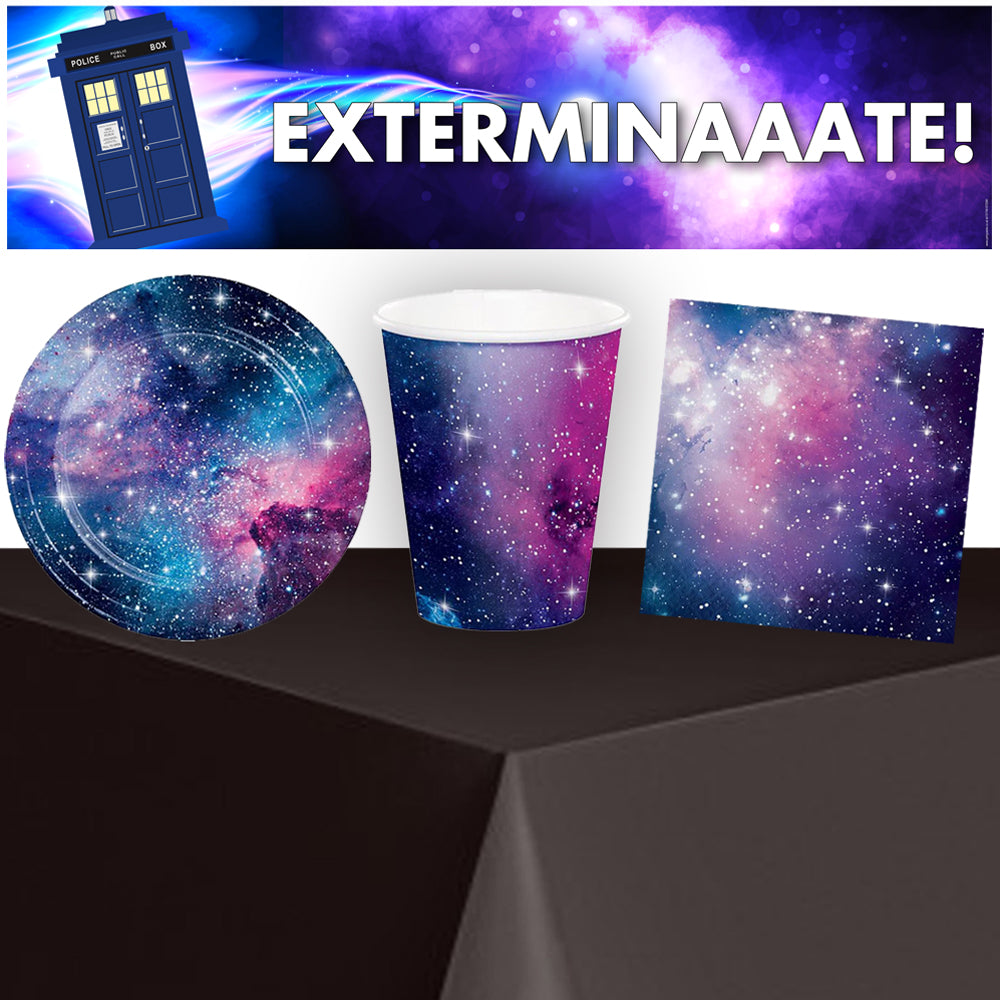 Doctor Who Exterminate Time Travel Police Box Tableware Pack for 8 with FREE Banner!
