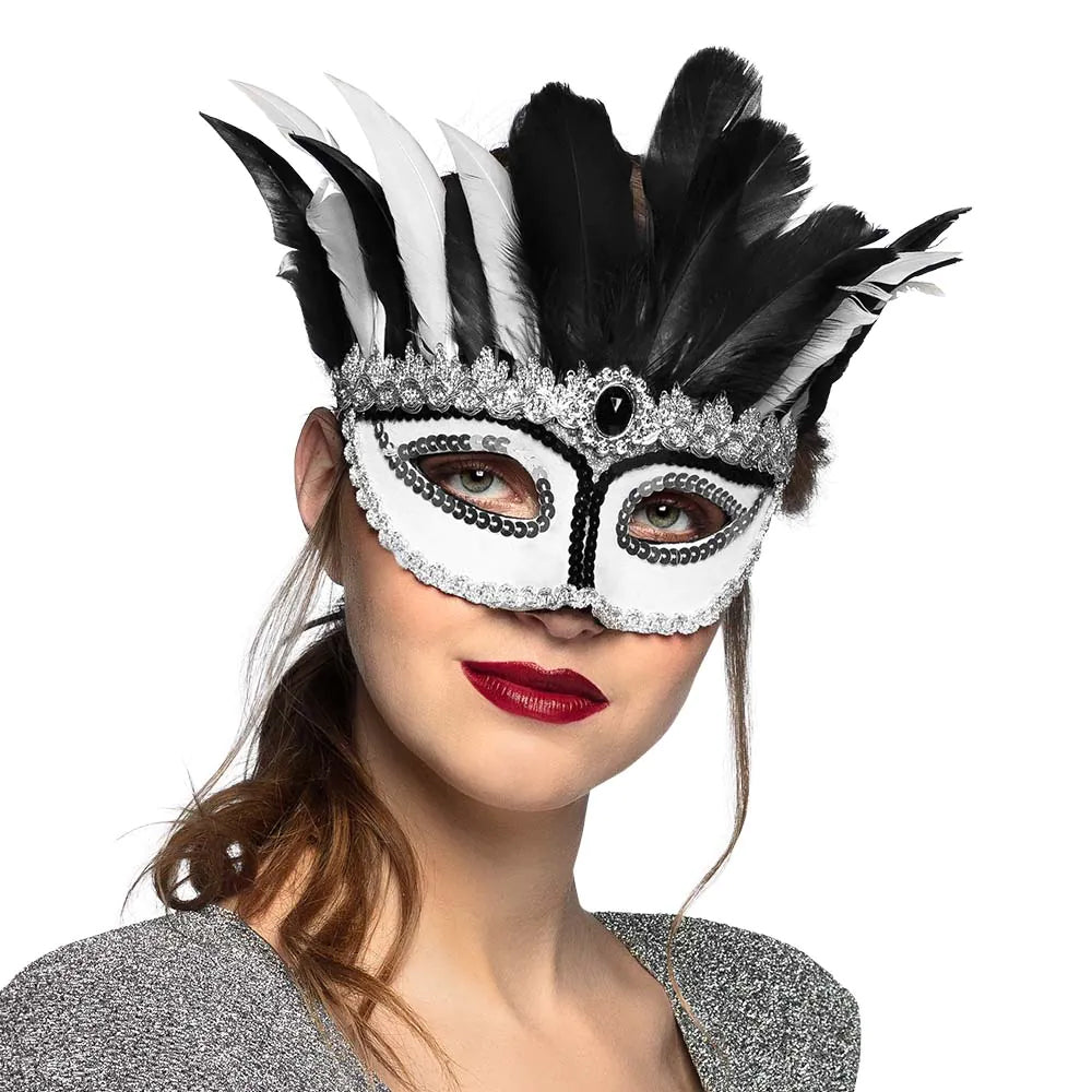 Magpie Sequin Black & White Feather Venetian Masquerade Eye Mask
