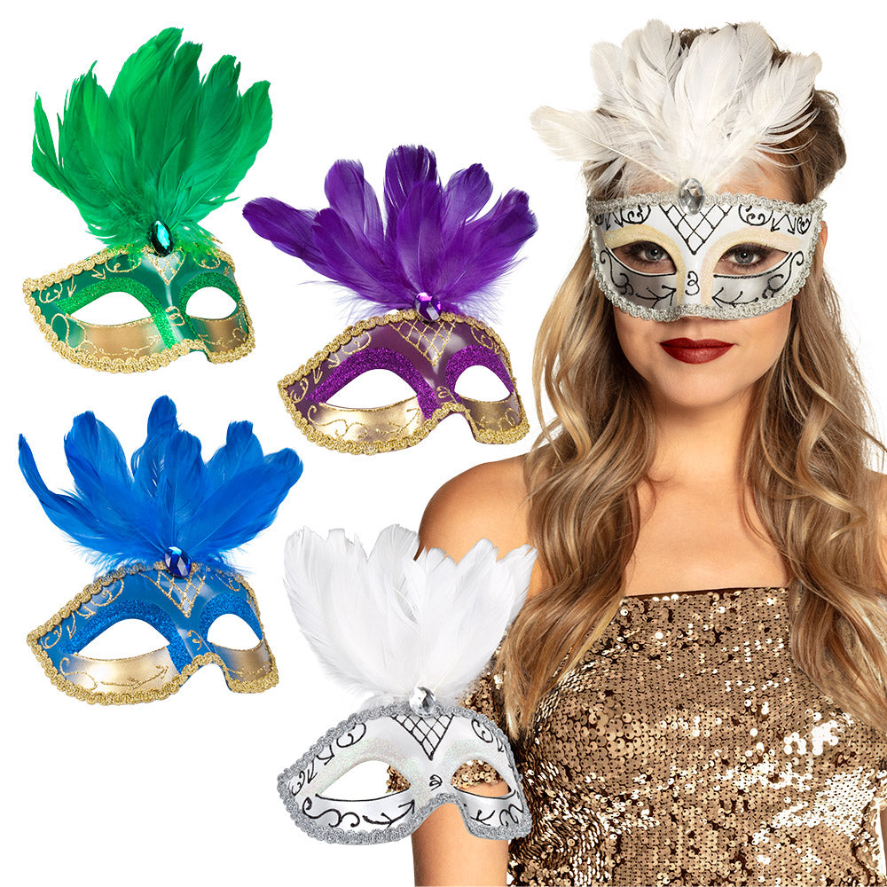 Feather Venetian Masquerade Eye Mask - Assorted Colours - Each