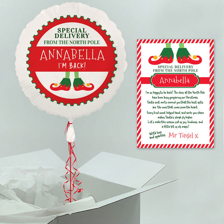 Personalised Elf I'm Back Inflated Christmas Balloon with Personalised Letter Pack