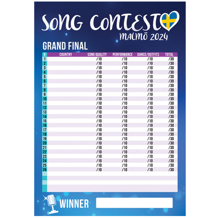 Song Contest Malmö 2024 Score Sheet Poster - A3