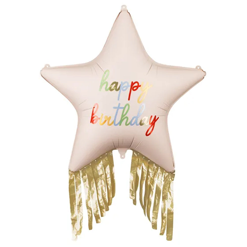 Happy Birthday Star Foil Balloon With Gold Fringe - 23"