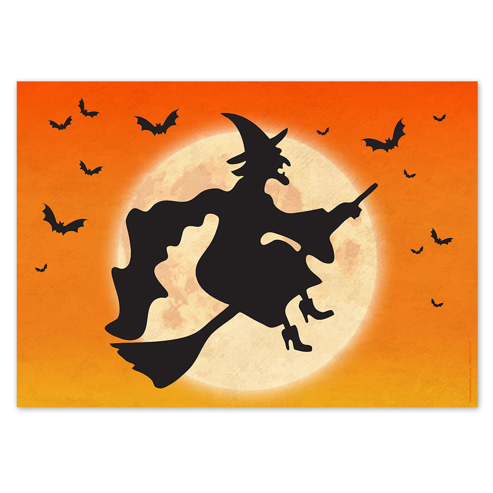 Witch Flying Over the Moon on Halloween Poster - A3