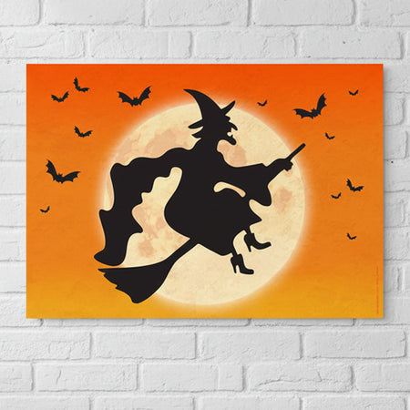 Witch Flying Over the Moon on Halloween Poster - A3