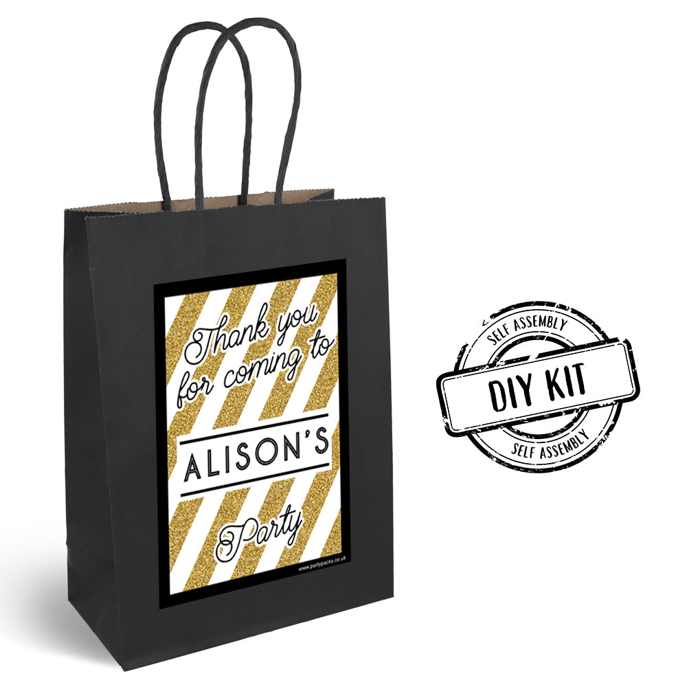Personalised Black And Gold Paper Party Bags - Pack of 12