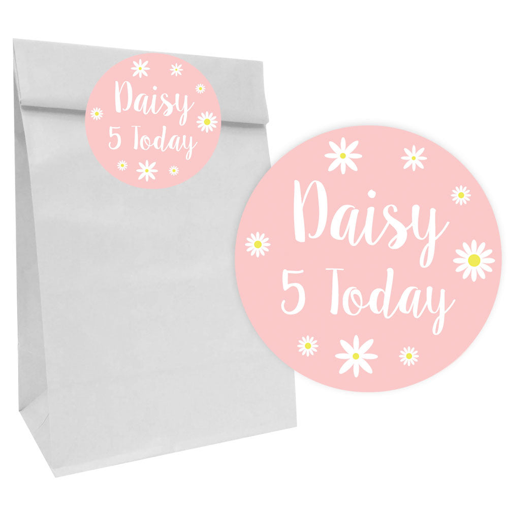 Pink Daisy Paper Party Bags with Personalised Round Stickers - Pack of 12