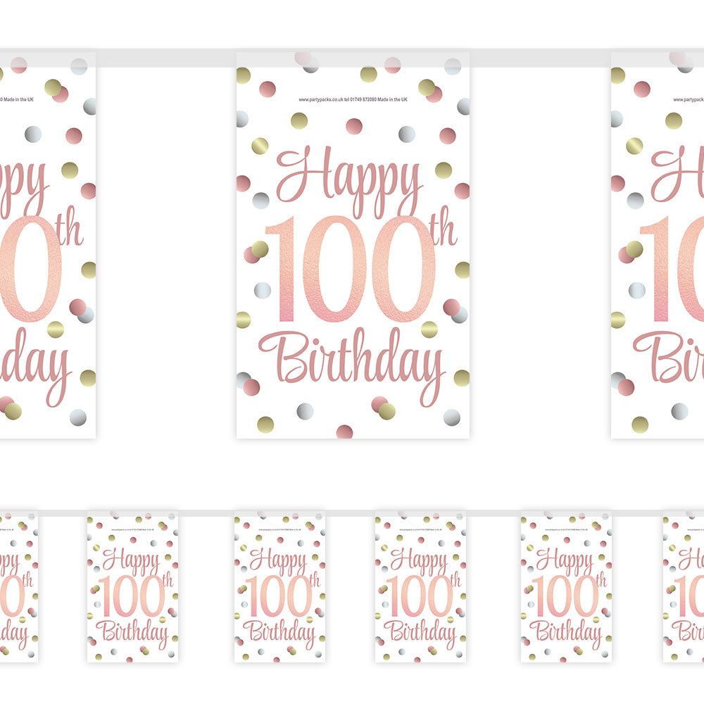 Rose Gold Glitz 100th Birthday Paper Bunting Decoration - 2.4m
