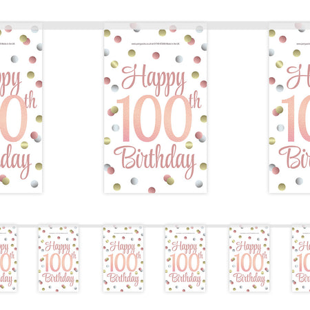 Rose Gold Glitz 100th Birthday Paper Bunting Decoration - 2.4m