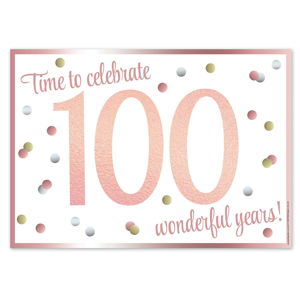 Rose Gold Glitz 100th Birthday Time to Celebrate Poster - A3