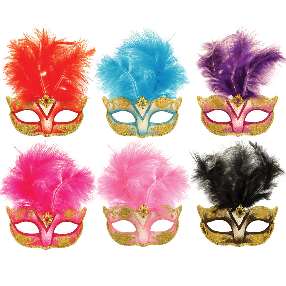 Glitter Eye Masks with Feathers - 6 Assorted Colours - Each