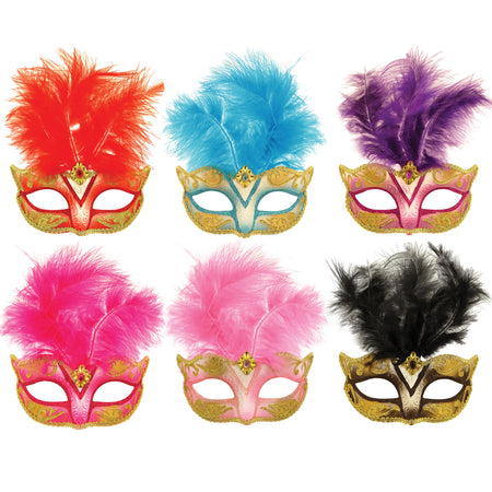 Glitter Eye Masks with Feathers - 6 Assorted Colours - Each