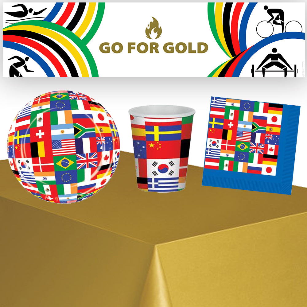 Go for Gold Summer World Games Party Tableware Pack for 8 With FREE Banner!