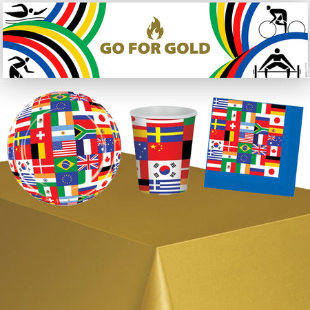 Go for Gold Summer World Games Party Tableware Pack for 8 With FREE Banner!