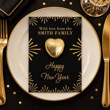 A black and gold New Year's Eve place card featuring a gold heart and personalized text, styled on a white plate with gold cutlery and a black tablecloth.