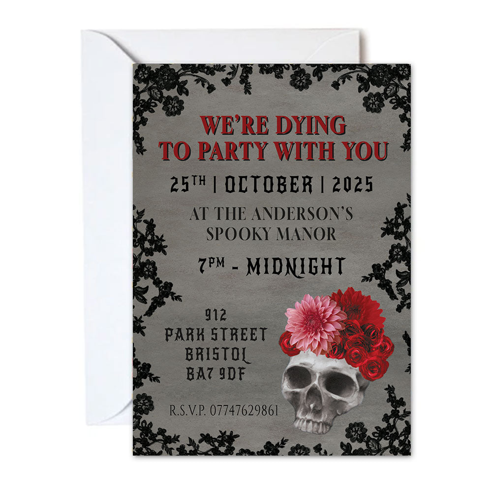 Gothic Skull and Flowers Personalised Party Invitation - Pack of 16