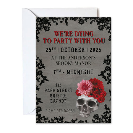 Gothic Skull and Flowers Personalised Party Invitation - Pack of 16