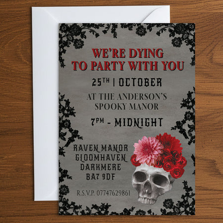 Gothic Skull and Flowers Personalised Party Invitation - Pack of 16