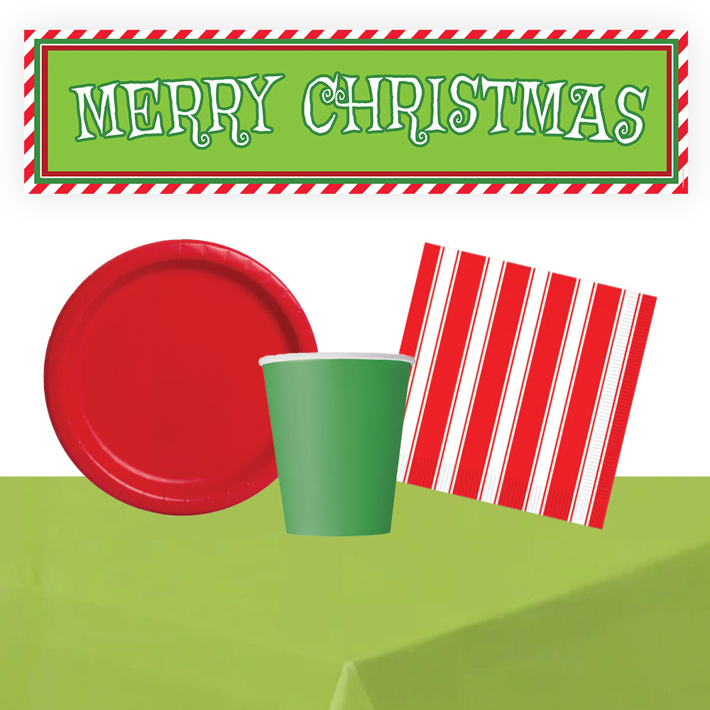 Red and Green Mean Christmas Tableware Pack For 8 People With FREE Banner!