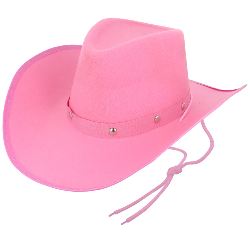 Pink cowboy hat with a band and tassels on a white background