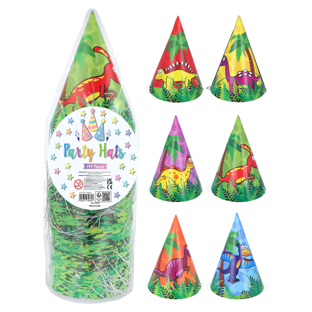 Dinosaur Party Cone Hats - 6 Assorted Designs - Pack of 144