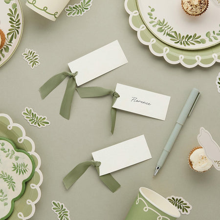 Place Cards With Green Satin Ribbon - Pack of 8