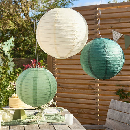 Botanical Sage Green & Ivory Paper Lantern Hanging Decorations - Pack of 3