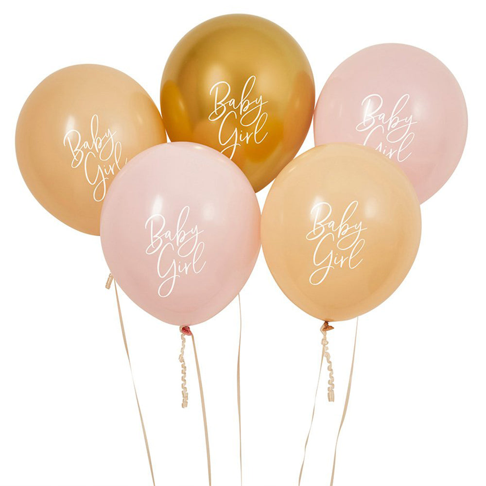 Baby Girl Latex Balloons - Pink, Nude & Gold - 12" - Pack of 5