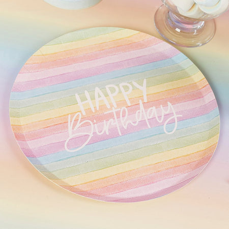 Rainbow Pastel Happy Birthday Paper Plates - Pack of 8