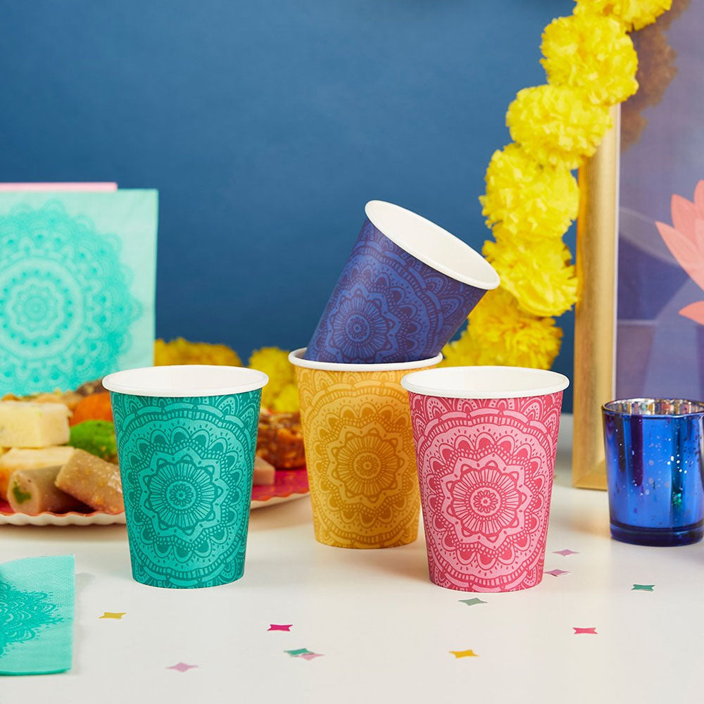 Diwali Mandala Pattern Multicolour Paper Cups - Pack of 8