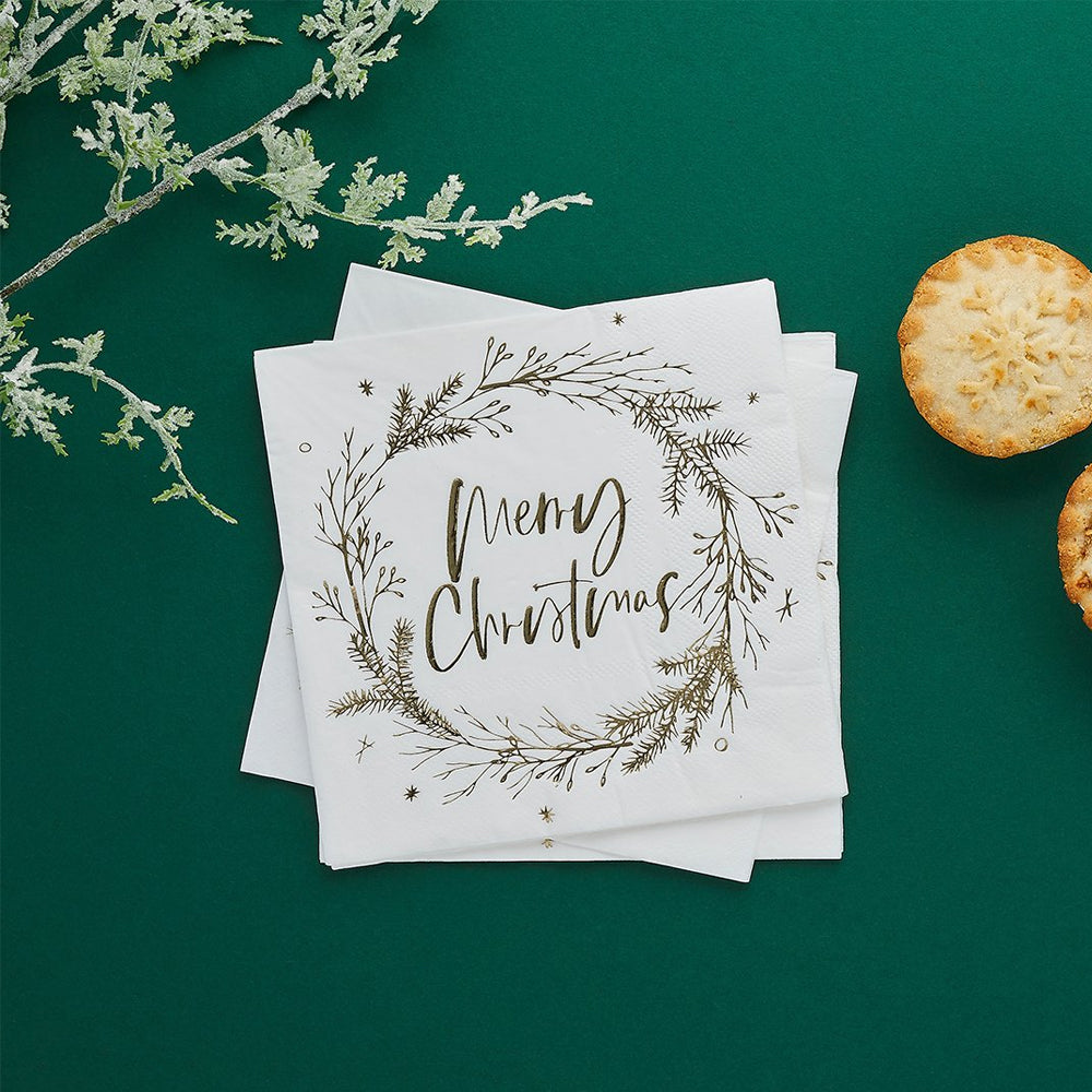 Merry Christmas Wreath Paper Napkins - Pack of 16