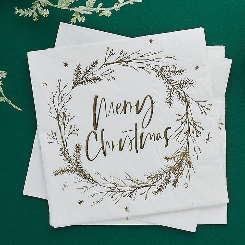 Merry Christmas Wreath Paper Napkins - Pack of 16