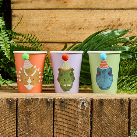 Dinosaur Party Pom Pom Paper Cups - Pack of 6