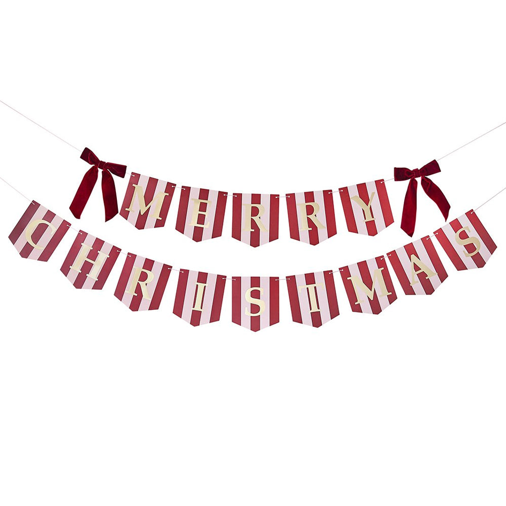 Pink and Burgundy Striped Merry Christmas Banner With Velvet Bows - 2m