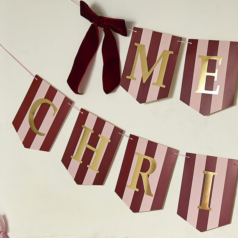 Pink and Burgundy Striped Merry Christmas Banner With Velvet Bows - 2m
